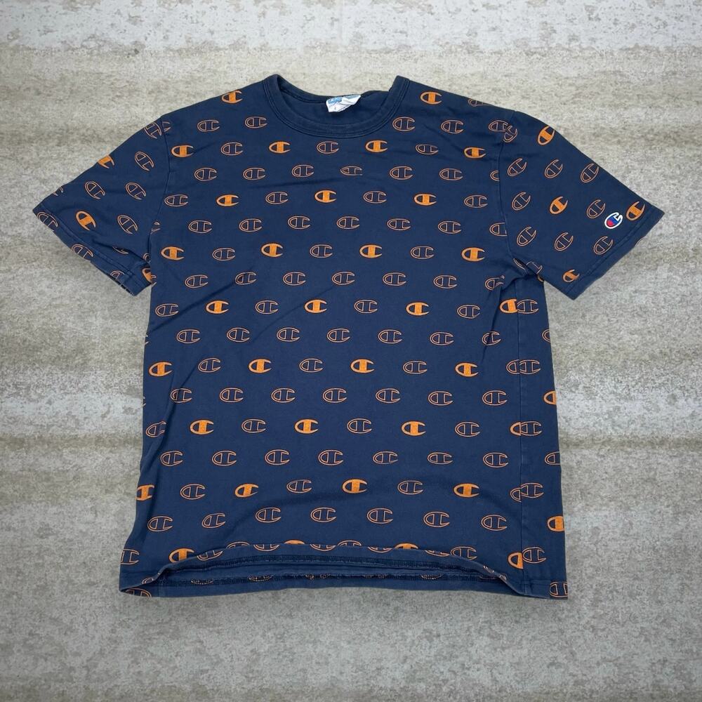 Vintage Y2K Champion Shirt Mens M Navy Blue Orange Cotton Short Sleeve